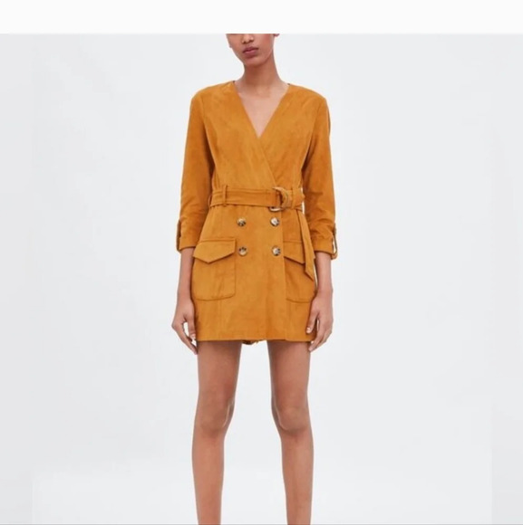 ZARA Faux suede belted utility mini dress romper. Mustard tan color. Size Medium - Picture 2 of 16